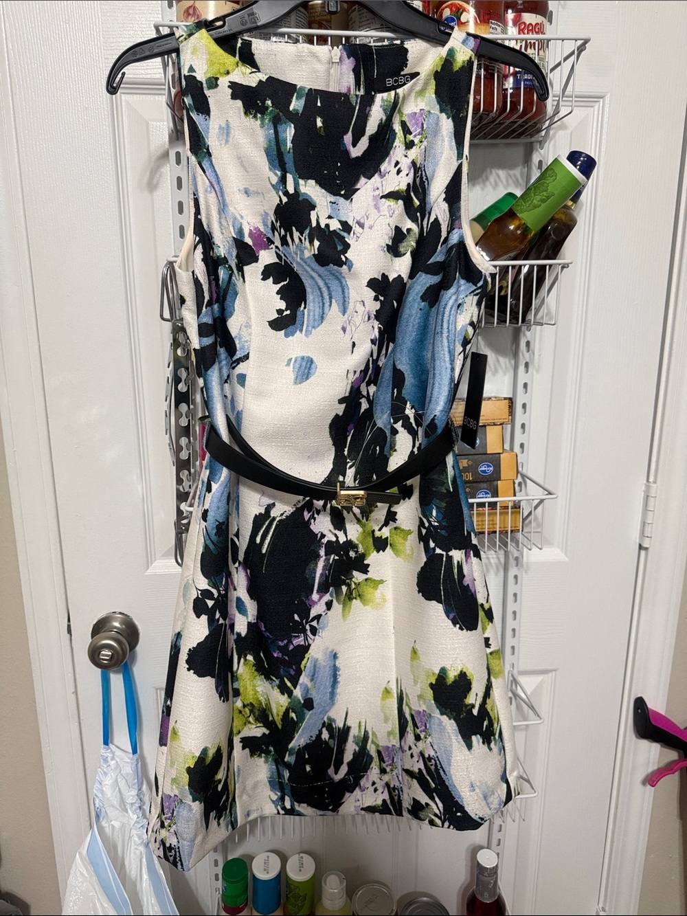 BCBG Multi-Color Floral A-Line Dress with Black Belt